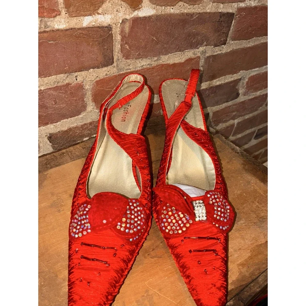 John Fashion‎ Red Rhinestone Pointed Toe Bow Slingback Heels Women's 9